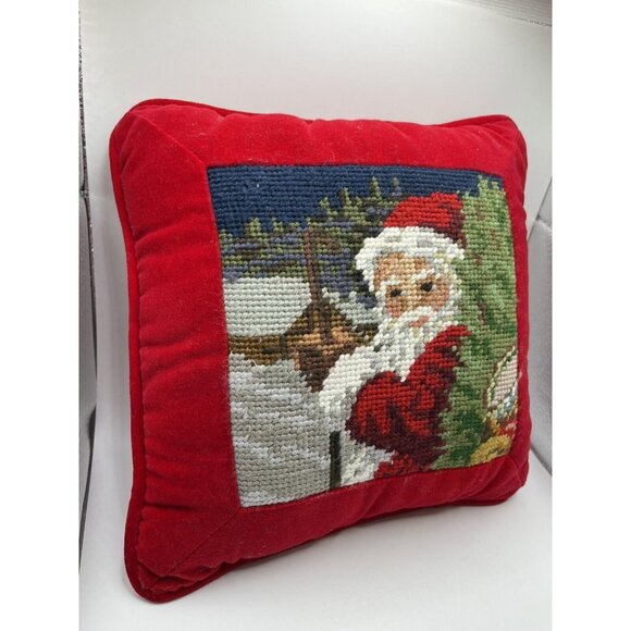 Vintage Needlepoint Xmas Santa Hand Embroidered Wool & Velvet Pillow NICE - Picture 9 of 15